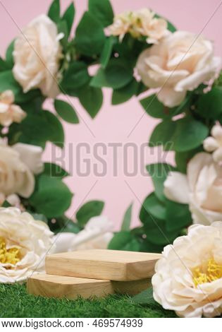 Wood Podium Beige Rose Flowers On Pink Pastel Background With Space.beauty Cosmetic Skin Care Advert