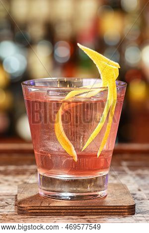 Exotic Drink Mix, Original Recipe Cocktail Knickerbocker On The Bar. Space For Text