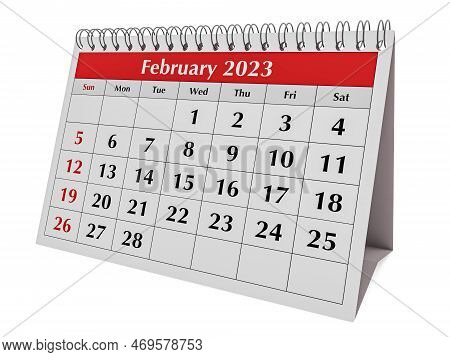 Page Of The Annual Business Desk Monthly Calendar. Date - Month February 2023. 3d Rendering