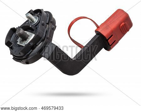 Close Up View Positive Battery Terminal And Squib For Disconnection In Case Of An Accident. Vehicle 