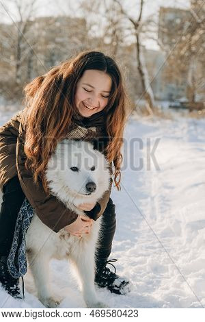 Winter Walk With Your Favorite Samoyed Pet. Love For Dogs. Walking The Dog In Anticipation Of Christ