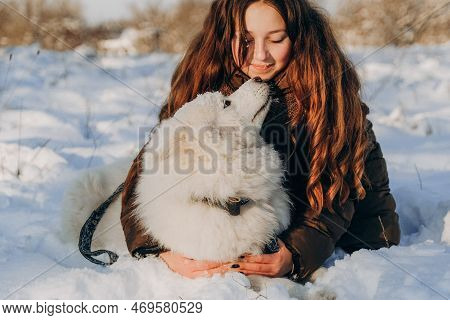 Winter Walk With Your Favorite Samoyed Pet. Love For Dogs. Walking The Dog In Anticipation Of Christ