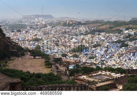 Beautiful Top View Of Jodhpur City From Mehrangarh Fort, Rajasthan, India. Jodhpur Is Called Blue Ci