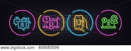 Work Home, Online Question And Shop App Minimal Line Icons. Neon Laser 3d Lights. Video Conference I