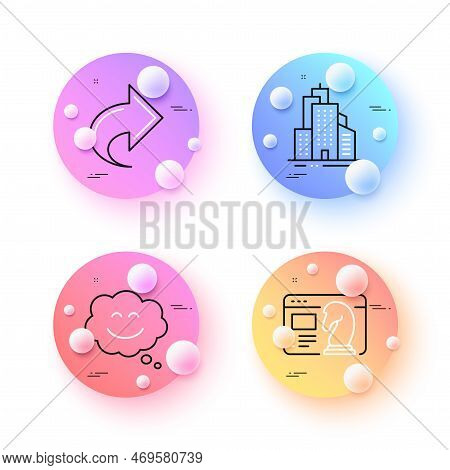 Share, Smile Chat And Skyscraper Buildings Minimal Line Icons. 3d Spheres Or Balls Buttons. Seo Stra