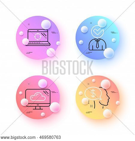 Cloud Storage, Vacancy And Seo Laptop Minimal Line Icons. 3d Spheres Or Balls Buttons. Pay Icons. Fo
