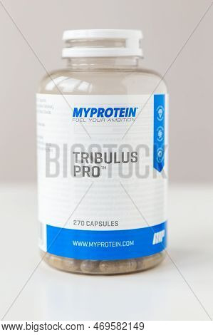 Kyiv, Ukraine - 27 January 2022: Jar With Capsules Tribulus Pro From My Protein. Herbal Capsule From