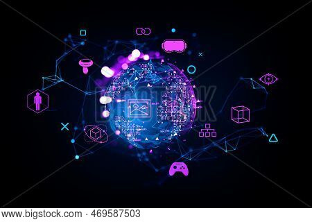 Earth Sphere Hologram With Glowing Virtual Reality Icons, Nft And Cryptoart With Games. Concept Of W