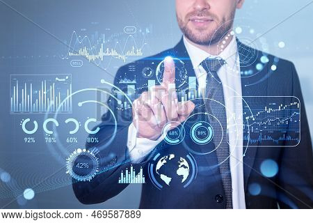 Businessman Finger Touching Virtual Screen Hud With Stock Market Candlesticks, Graph Chart With Big 