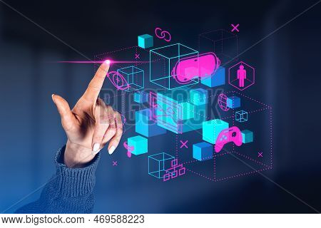 Woman Finger Touch Cyberspace Hologram With Digital Icons And Data Blocks Hud. Online Connection In 