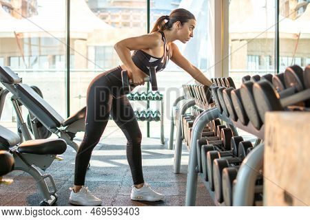 Attractive Sporty Woman Doing Exercises With Dumbbells In The Gym.