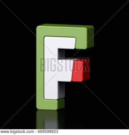3d Letter F Plastic Light Green And Red From Alphabet Isolated In A Black Background. Hi Tech Metall