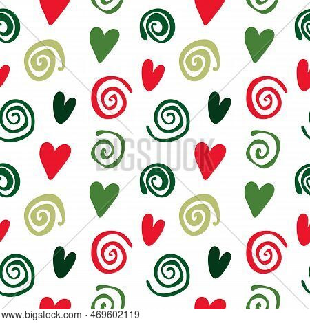 Geometric Seamless Pattern Of Hearts And Spirals, Abstract Background Of Simple Shapes