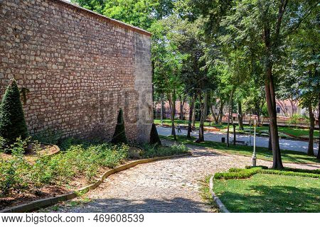 View Of The Ancient Bricks Walls In The Gulhane Park Near The Famous Topkapi Palace. Istanbul, Turke