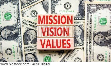 Mission Vision Values Symbol. Concept Words Mission Vision Values On Wooden Blocks On A Beautiful Ba