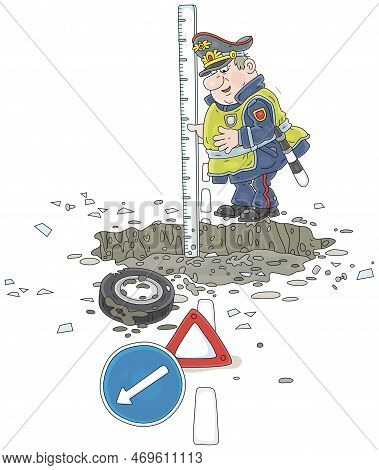Funny Puzzled Traffic Cop Measuring A Depth Of A Large And Deep Pothole In A Road, Vector Cartoon Il
