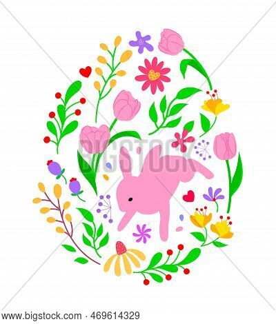 Easter Floral And Rabbits In Oval Shape. Suitable For Social Media Posta, Mobile Apps, Card, Invitat