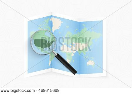 Enlarge Usa With A Magnifying Glass On A Folded Map Of The World. Vector Paper Map.