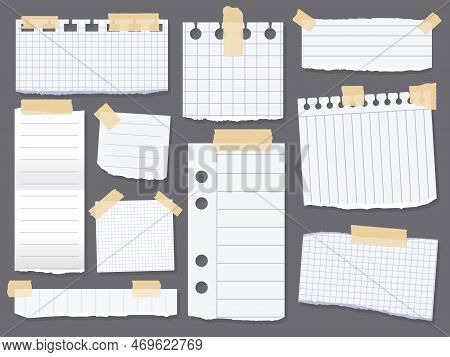 Line Note Papers. Scotch Taped Lined Paper Pieces. Scrap Of Paper For Reminder Message. Vector Illus