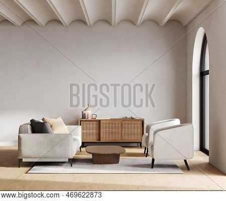 Light Beige Room Interior, Living Room Interior Mockup, Empty Beige Wall, Japandy Style, 3d Renderin