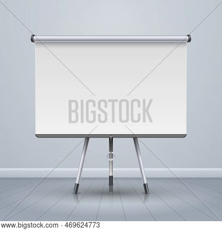 Whiteboard Projector Presentation Screen Vector Illustration. Screen Stand On Tripod In Room