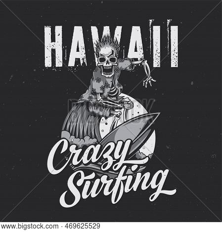 T-shirt Or Poster Design With Illustration Of Skeleton On Surfing Board