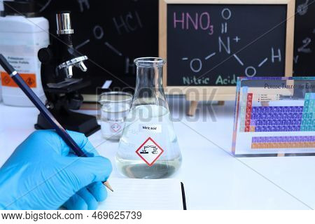 Nitric  Acid And Symbol Structural Formula Chemical On The Blackboard