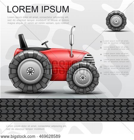 Red Mini Tractor Template With Tire On Gray Background In Realistic Style Vector Illustration