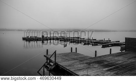 A Boat Jetty On A Foggy Winter Day At Reifnitz Am Worthersee On The South Shore Of Worthersee, Or Wo
