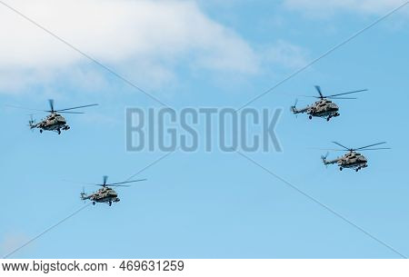 July 31, 2022, St. Petersburg, Russia. Mil Mi-8 Multi-purpose Helicopters At The Main Naval Parade I