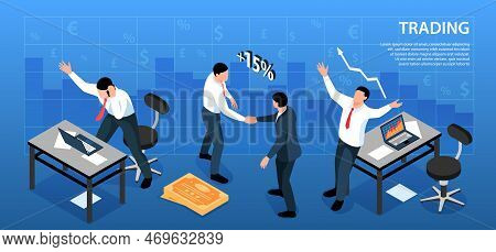 Isometric Stock Market Exchange Trading Horizontal Background Composition With Currency Signs And Tr