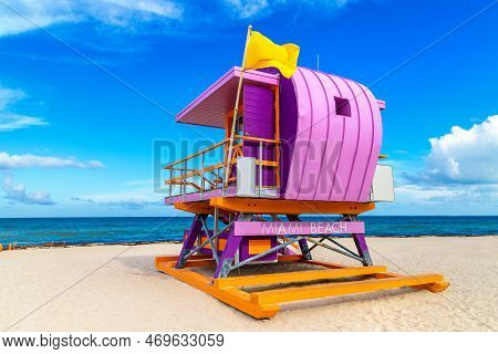 Lifeguard Tower In South Beach, Miami Beach In A Sunny Day, Florida