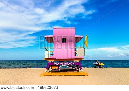 Lifeguard Tower In South Beach, Miami Beach In A Sunny Day, Florida