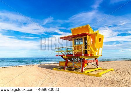 Lifeguard Tower In South Beach, Miami Beach In A Sunny Day, Florida
