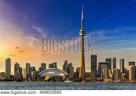 Panoramic View Of Toronto Skyline At Sunset, Ontario, Canada
