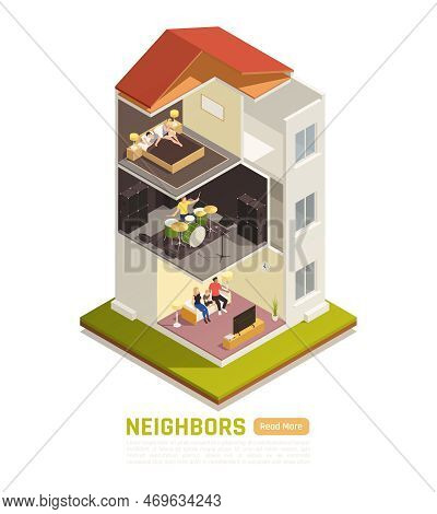 Neighbors Relations Conflicts Excessive Noise Nuisance Suffering From Loud Music Isometric Building 