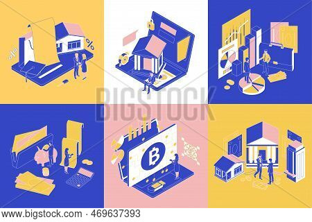 Finance Concept Design 6 Isometric Compositions With Electronic Wallet Savings Credit Banking Analys