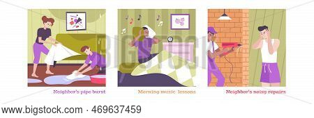 House Neighbors Conflict Set With Morning Music Symbols Flat Isolated Vector Illustration