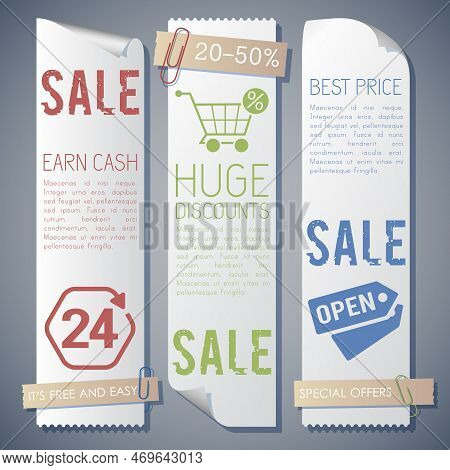 Three Banners Set Composition With Information About Sale Earn Cash, Huge Discount, Open And Special