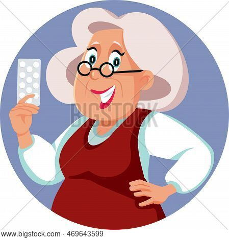 Cheerful Elderly Woman Holding Her Pills Vector Cartoon