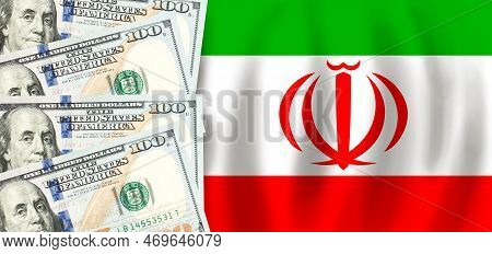 Dollars On Flag Of Iran, Irani Finance, Subsidies, Social Support, Gdp Concept
