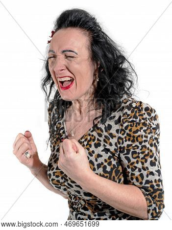Angry Woman In Leopard Dress Screaming Against Weite Bakground