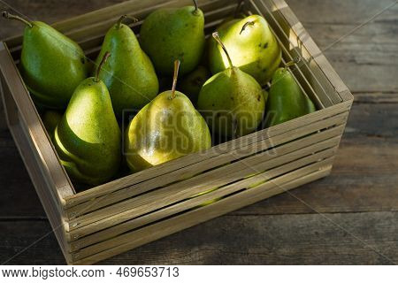 Pears On A Wooden Background. Fruit Harvest. Autumn Still Life. Pear Variety Bera Conference.