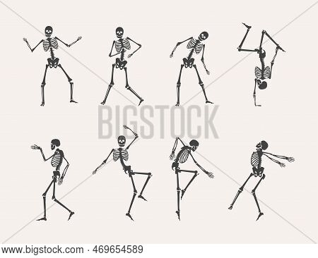 Cartoon Black Different Dancing Human Bones Set Concept Flat Design Style. Vector Illustration Of Fu