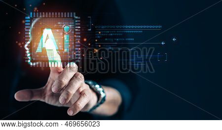 Businessman Touching On Virtual Icons Of Automatic Computing Online Information Data Network