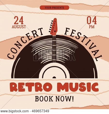 Retro Music Social Media Post Template With Vintage Vinyl Plate And Guitar. Classic Concert Festival