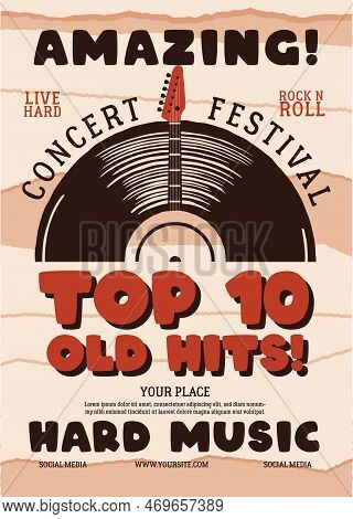 Retro Music Social Media A4 Flyer Template With Vintage Vinyl Plate And Guitar. Classic Concert Fest