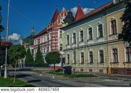 Banska Bystrica, Slovakia - August 15, 2021: View Of Snp Square - Colorful Historic Buildings, Bloom