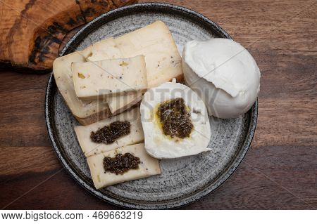 Italian Cheese Collection, Yellow Taleggio Cheese And Mozzarella With Black Truffles Mushrooms