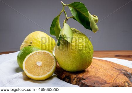 Variety Of Citrus Fruits, Bergamot And Lemon Citron Cedrate Or Citrus Medica, Large Fragrant Citrus